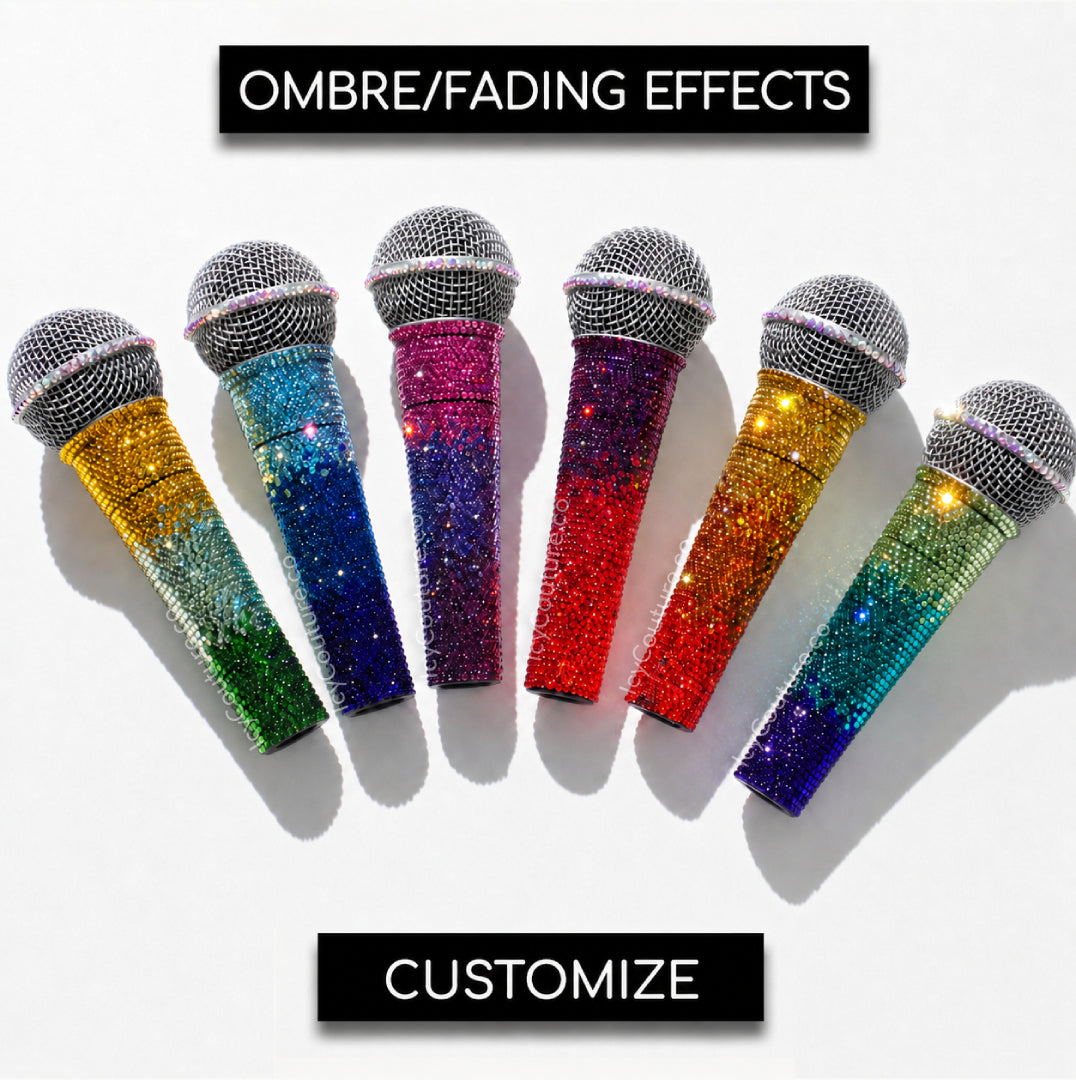 Custom Ombre Crystal Microphones By ICY Couture, Hand-Crystallized Colorful Bling Mics Showing Ombre Design Options For Singers, Performers And Luxury Stage Gifts