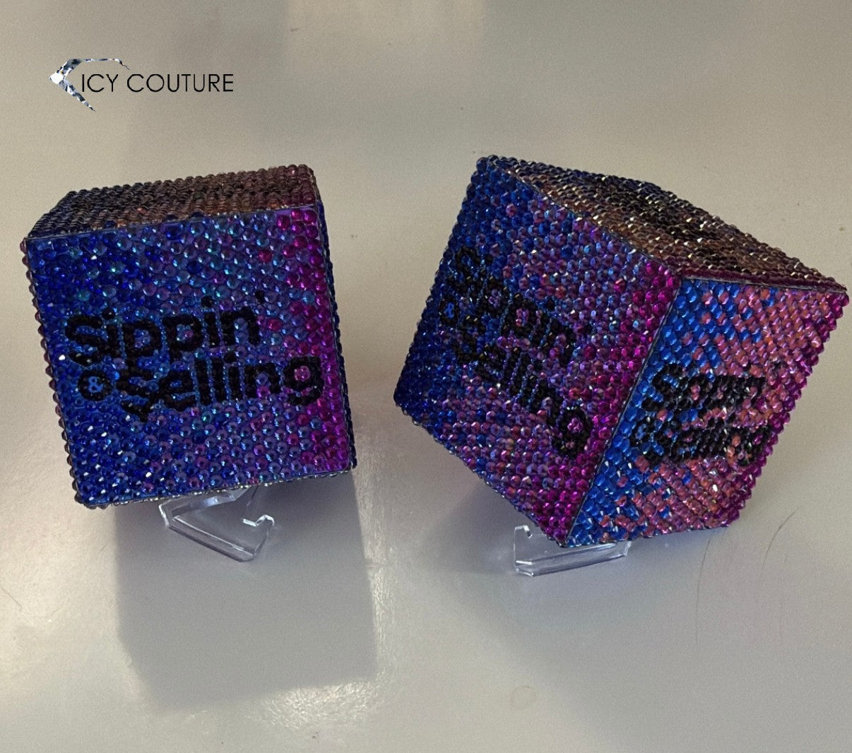 Podcast Mic Flags Crystallized with Custom Logo in Purple Ombre Rhinestone Design by ICY Couture 