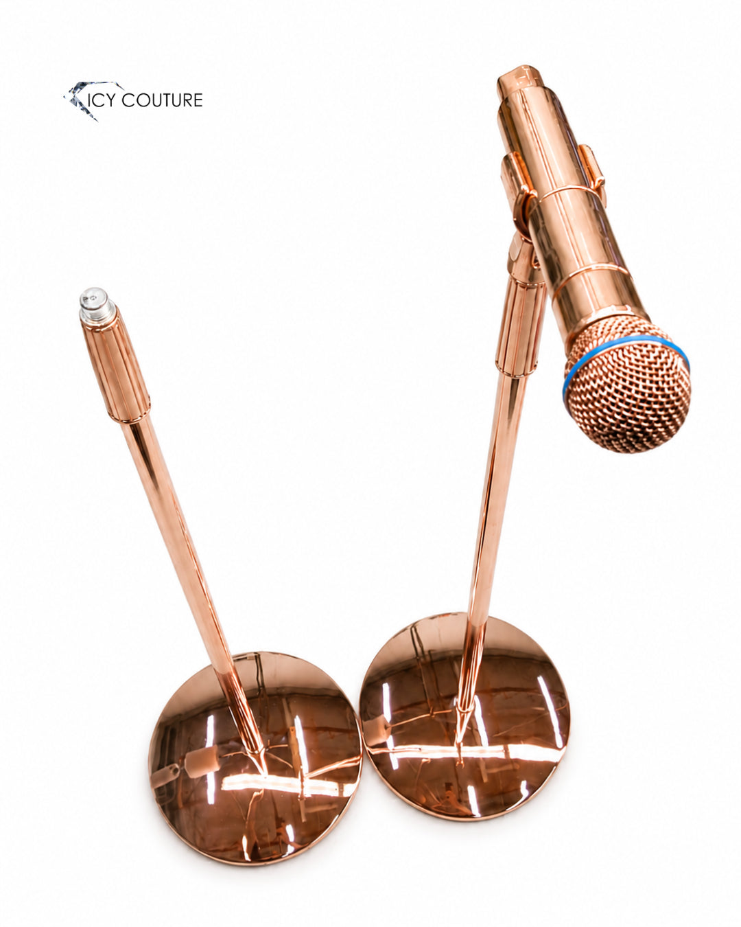 Custom Rose Gold Microphone And Mic Stand Metal Coating By ICY Couture, Luxury Custom Stage Microphone And Stand Finish On Clean White Studio Background