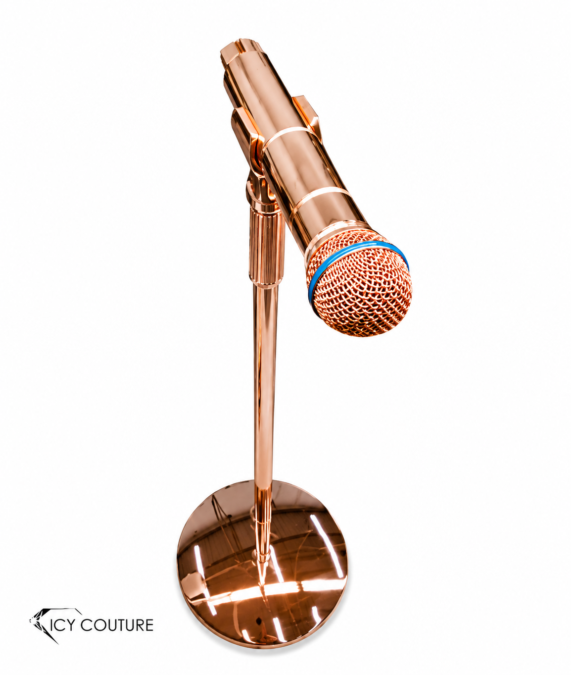 Custom rose gold microphone and matching stand by ICY Couture with a high-shine luxury finish for stage, studio, and branded event setups.