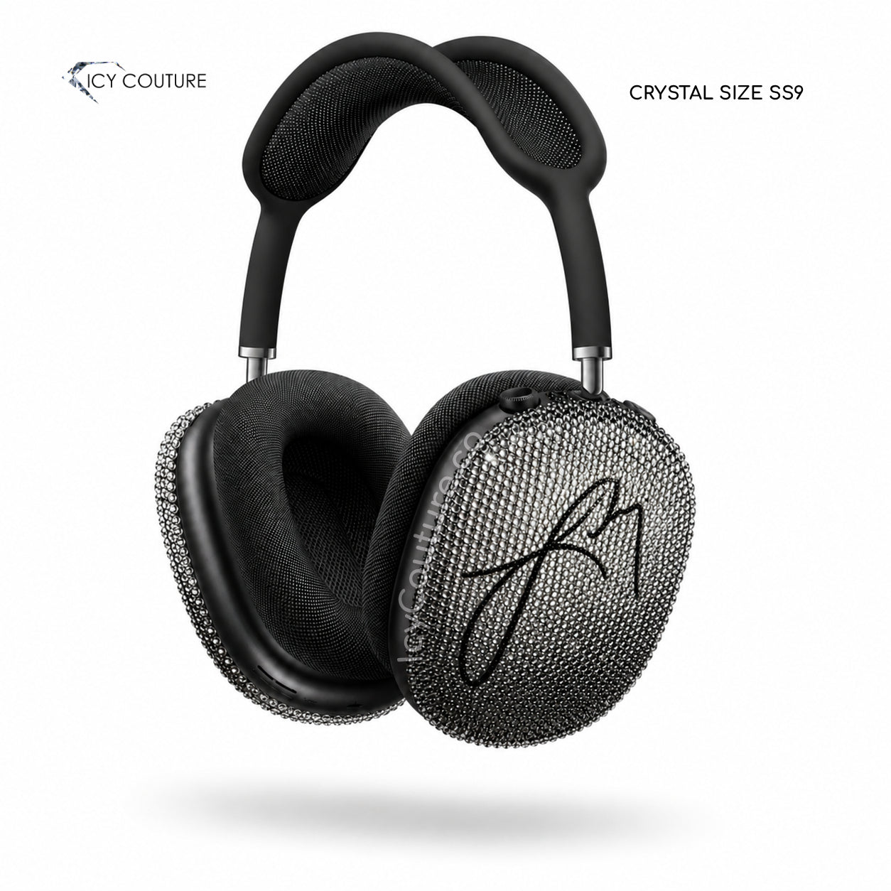 Black Apple AirPods Max headphones with custom signature crystal ear covers, hand-crystallized by ICY Couture with black diamond Swarovski crystals detailing for luxury personalized headphones.