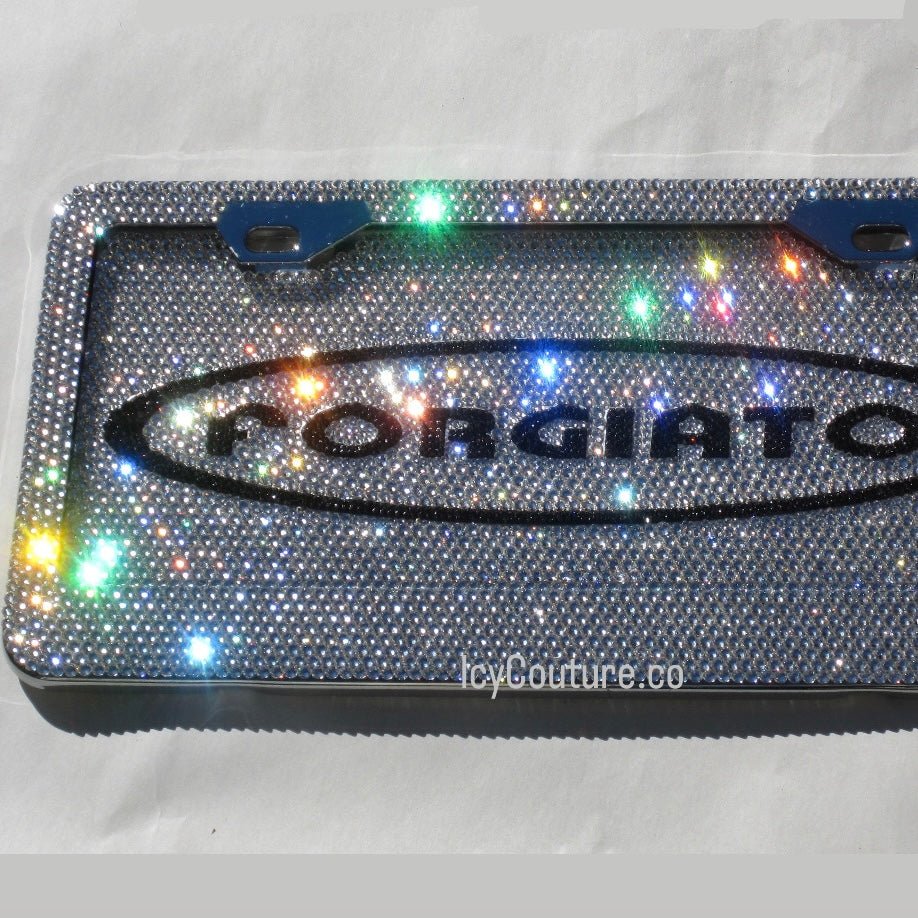 Fully Crystallized Forgiato License Plate Frame with Matchin Diamond Clear 8 Crystal Row Bling License Plate Frame 