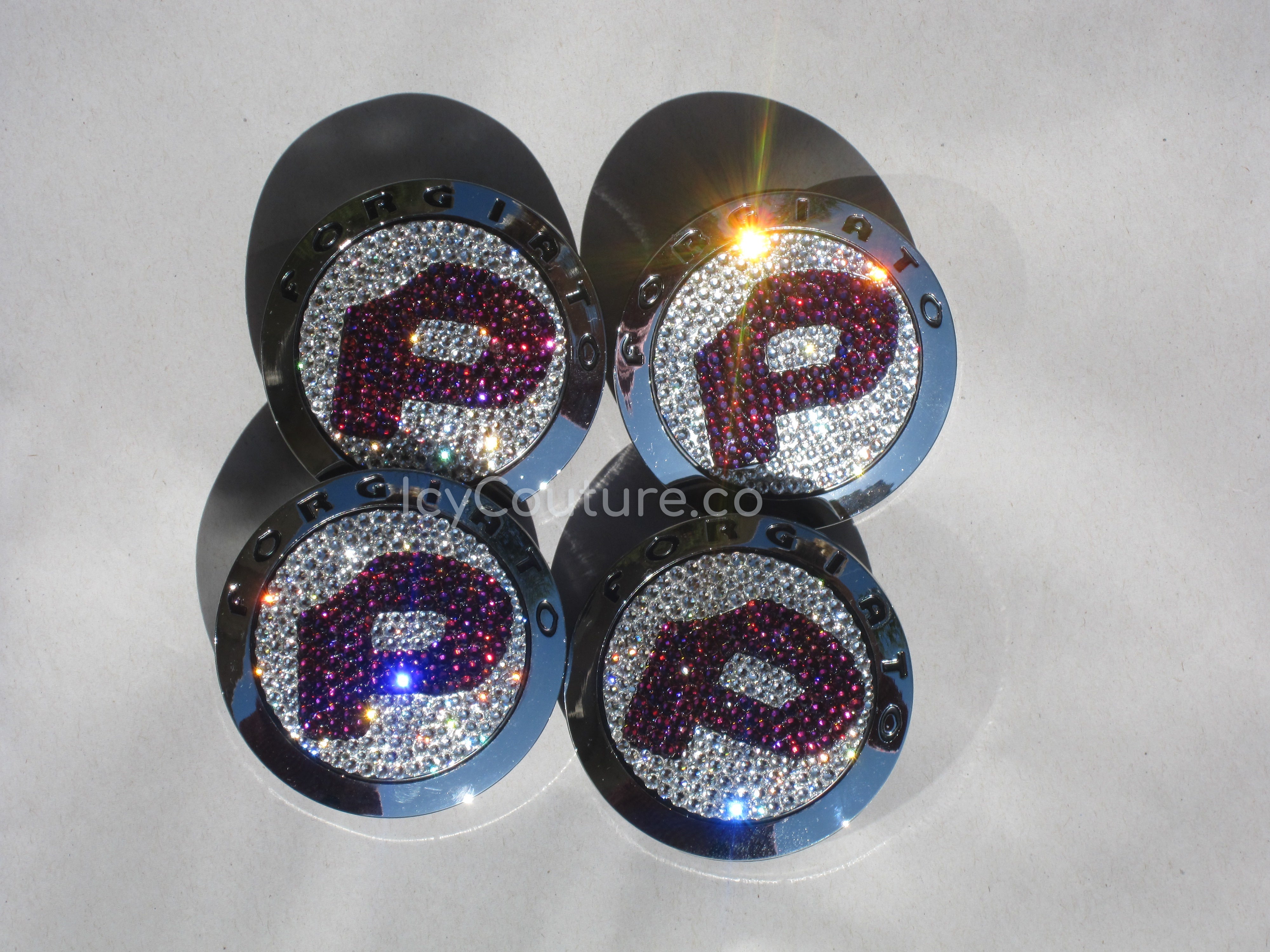 Forgiato Floating Center Wheel Rim Caps Crystallized with P Initial in Diamond Clear and Crystal Volcano Swarovski Crystals
