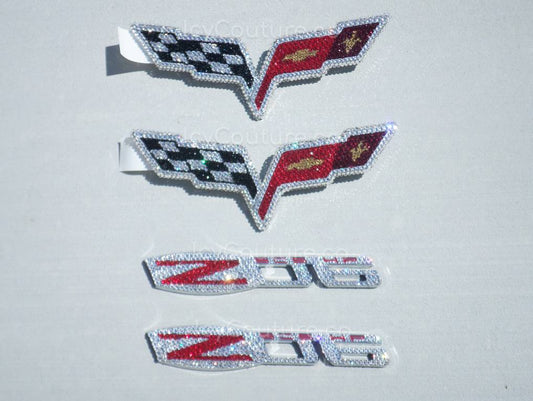 Bling Corvette Z06 Emblems Set Crystallized with Diamond Clear Swarovski crystals and original corvette flag colors