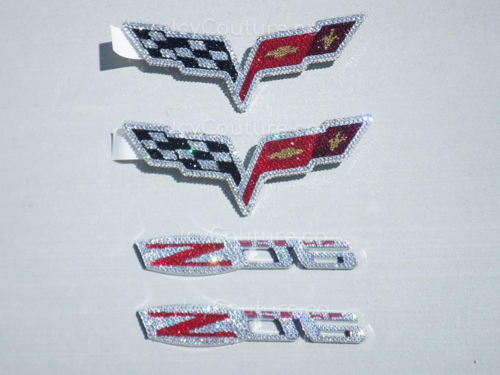 Bling Corvette Z06 Emblems Set Crystallized with Diamond Clear Swarovski crystals and original corvette flag colors