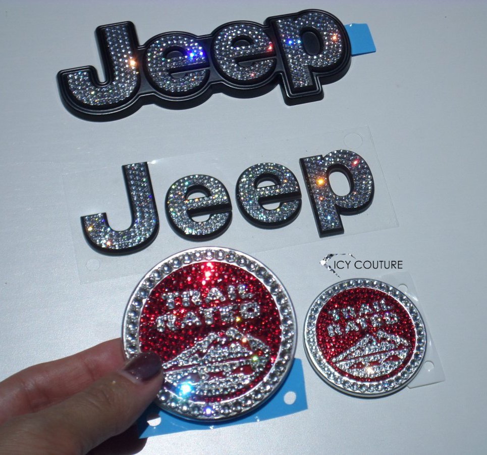 Jeep Wrangler Front and Back Replacement  Nameplate Letters with Trail Rated badge Customized with Swarovski Crystals Clear and Light Siam (Red)