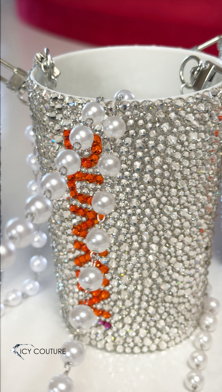 Custom Dunkin cup purse in brand colors with rhinestones and 40 inch pearl chain — luxury PR merch by ICY Couture