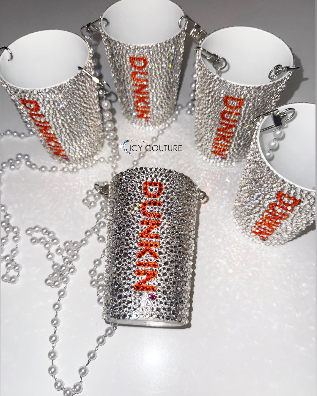 Dunkin cup handbag converted to crystal crossbody with 40 inch pearl strap — influencer kit / event gifting