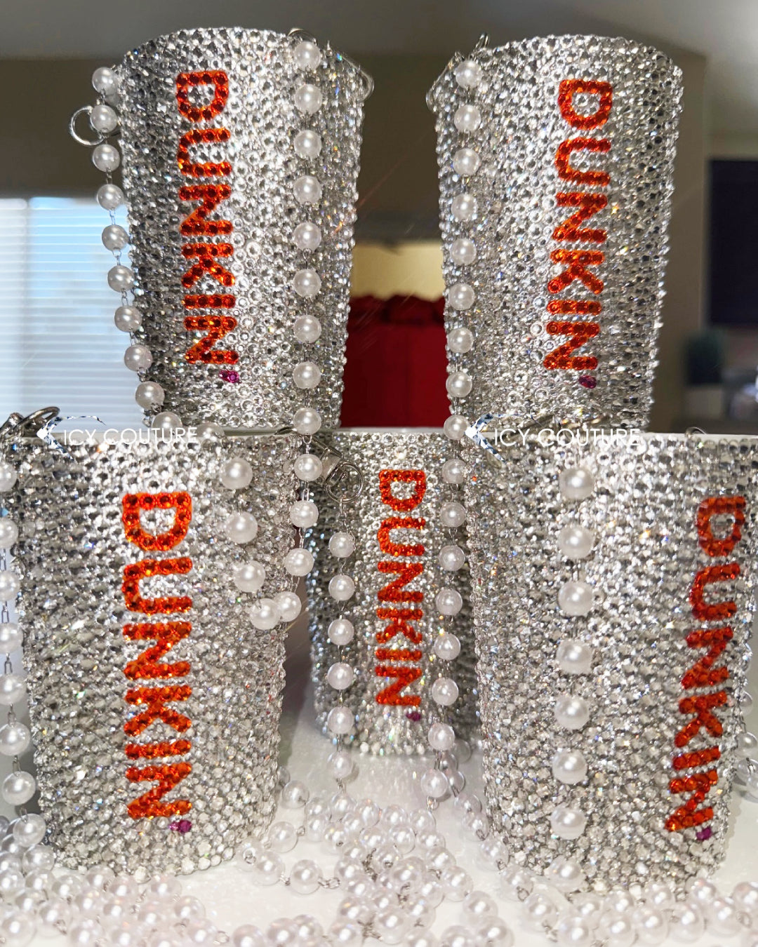 Crystallized Dunkin cup purse with 40 inch pearl chain — custom brand merch PR activation by ICY Couture