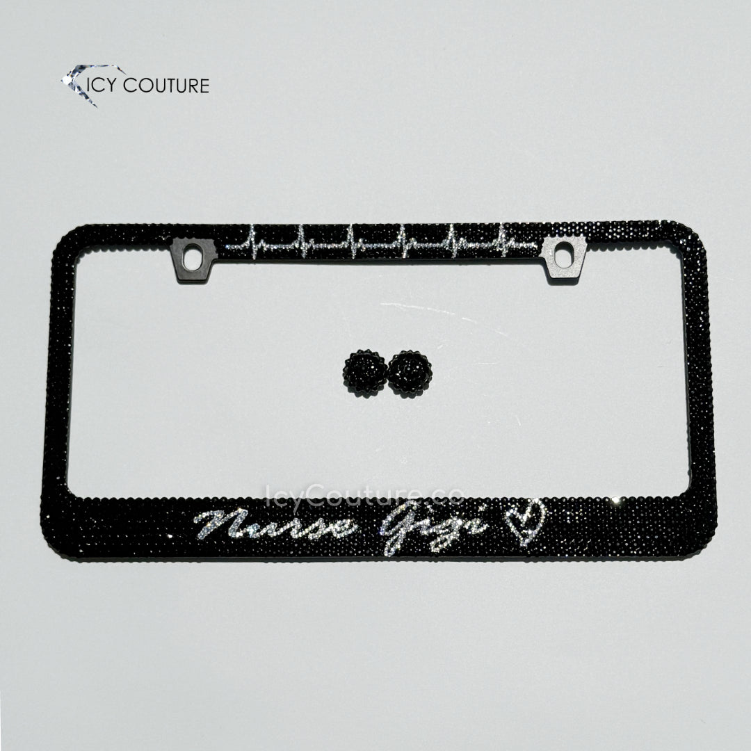 EKG Logo License Plate Frame with Custom Message on the bottom, crystallized by ICY Couture