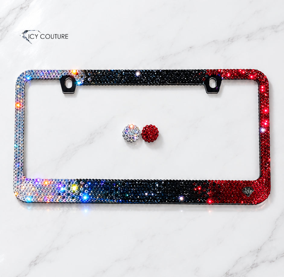 Enigma ombre crystal license plate frame by ICY Couture with clear, black, and red crystals horizontal ombre, hand-crystallized luxury car accessory and custom bling gift.