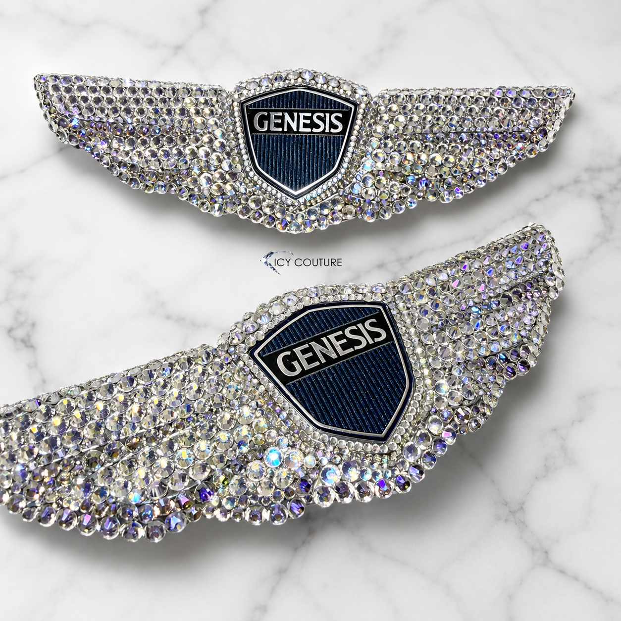 Premade Genesis G80 Front and Back Emblems PARTS 86320-B1600 and 86330-B1600,  Bedazzled  with Crystal Moonlight Rhinestones by ICY Couture