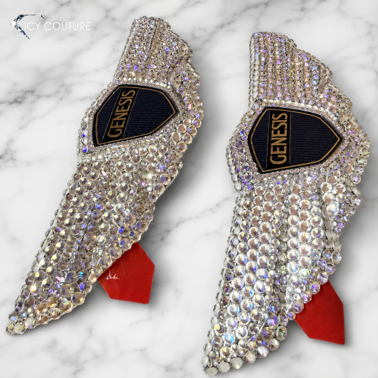 Premade Front and Back Genesis G80 Emblems PARTS 86320-B1600 and 86330-B1600, Custom Bedazzled  with Crystal Moonlight Rhinestones by ICY Couture