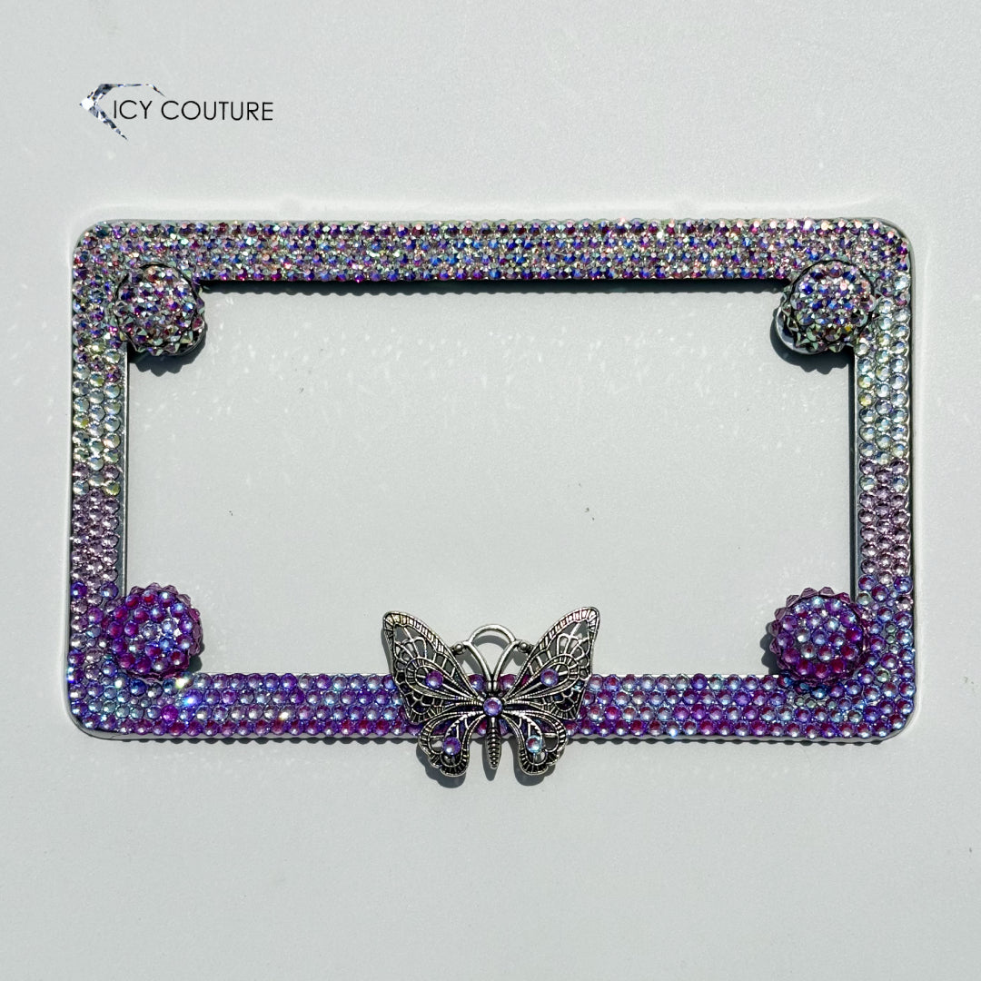 Girlie Motorcycle License Plate Frame Custom Crystallized with Premium Glass Rhinestones in Vertical Ombre: Crystal AB, Moon Light, Light Rose, Purple AB