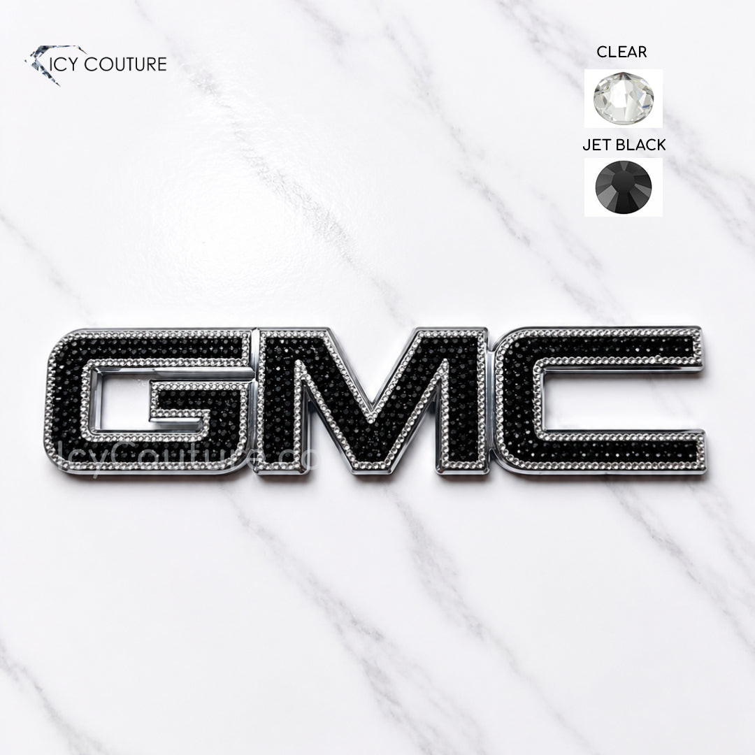 Premade Custom Crystal GMC Trunk Emblem 9.5 Inch | Jet Black & Clear Rhinestone Badge