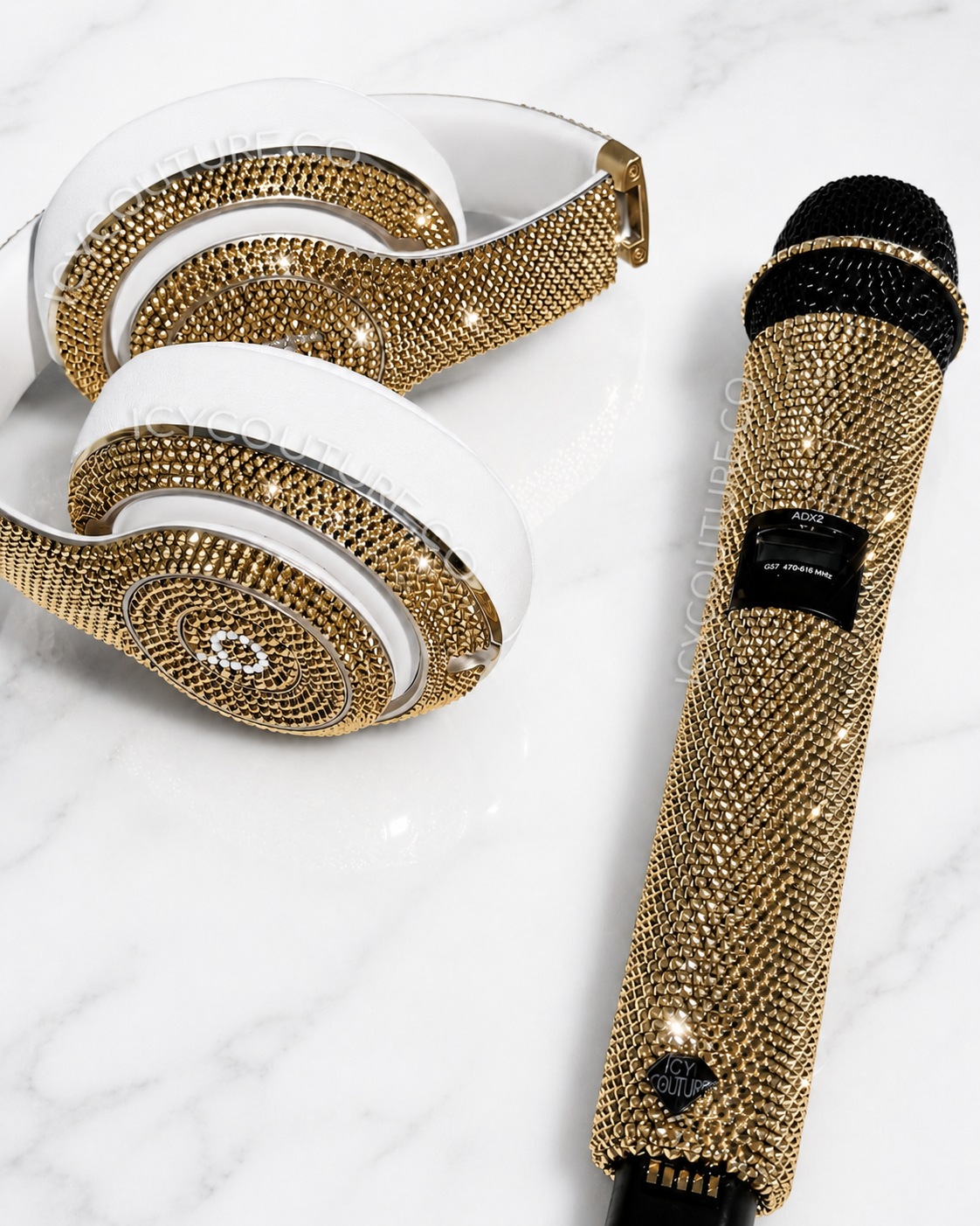 Gold Microphone with matching gold crystals Beats Studio Wireless Headphones Crystallized in small size ss9 Swarovski Crystals by ICY Couture Custom Clear Crystal Microphone And Matching Mic Clip By ICY Couture For  VIP Gifting, Luxury Stage Accessories, Artists, Performers, PR