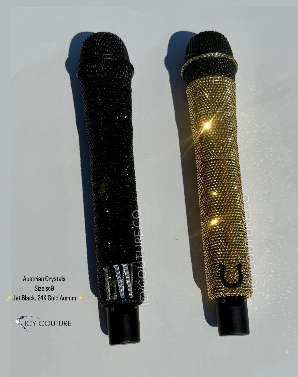 gold & black Microphone Crystallized in small Swarovski Crystals by ICY Couture featuring LV initials and horse shoe symbol. 