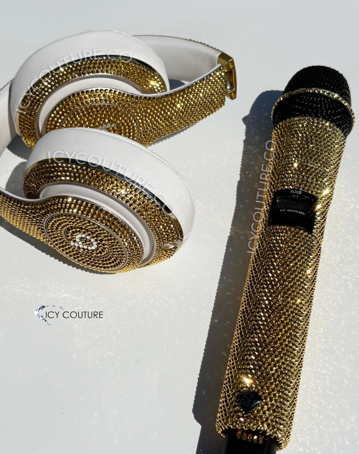 24K Gold Microphone with matching gold Beats Studio Wireless Headphones Crystallized in small size ss9 Swarovski Crystals by ICY Couture.