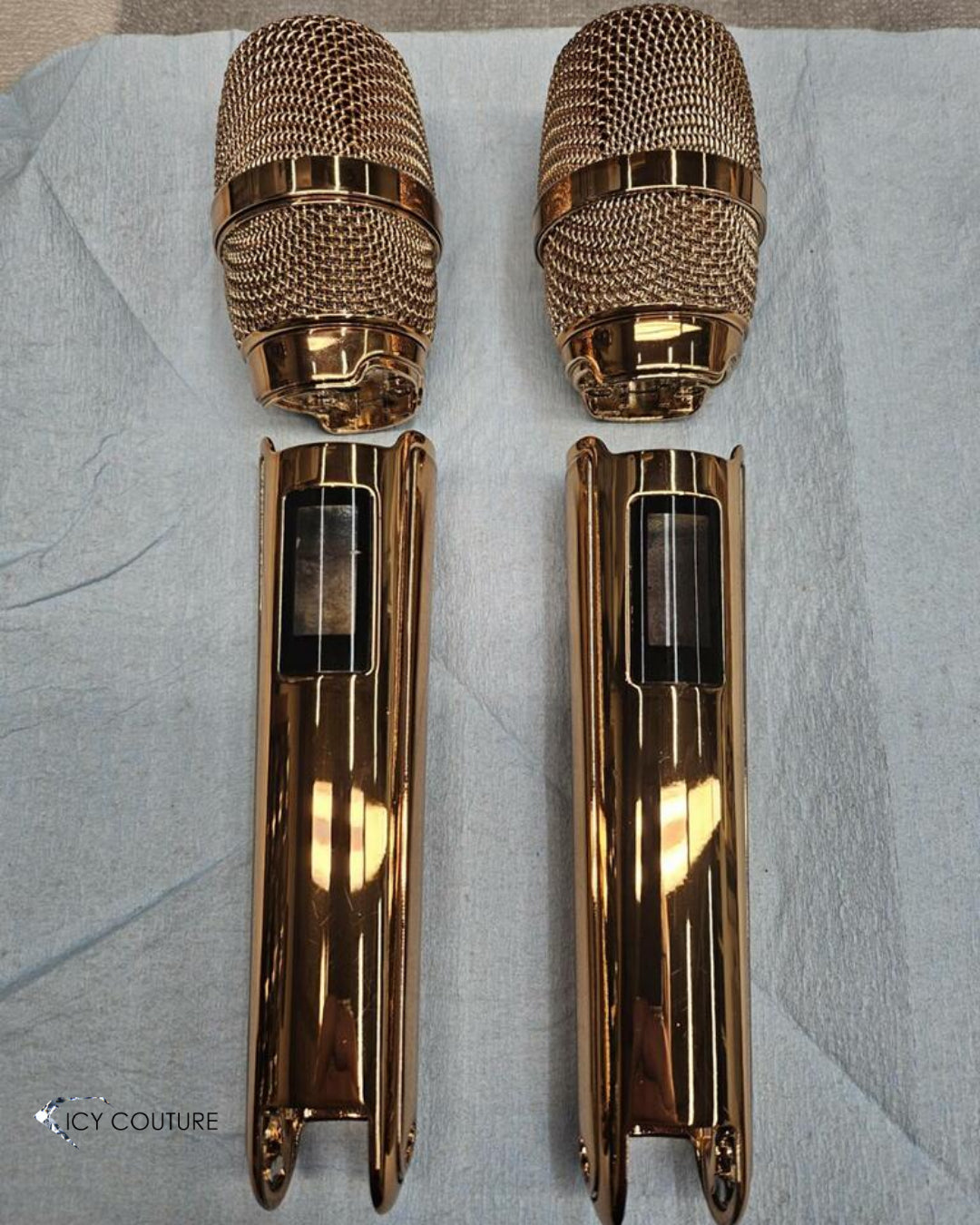 Disassembled Gold Plated Microphone Parts During Custom Coating Process By ICY Couture For Luxury Stage Accessories And Designer Microphones