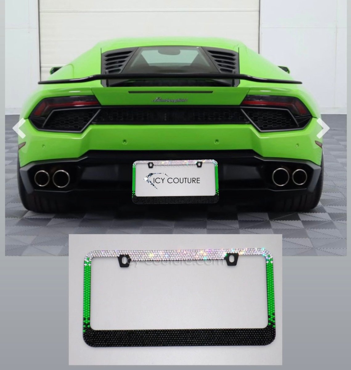 Green to black ombre crystal license plate frame installed on green Lamborghini Huracán by ICY Couture luxury car gifts for lambo owners