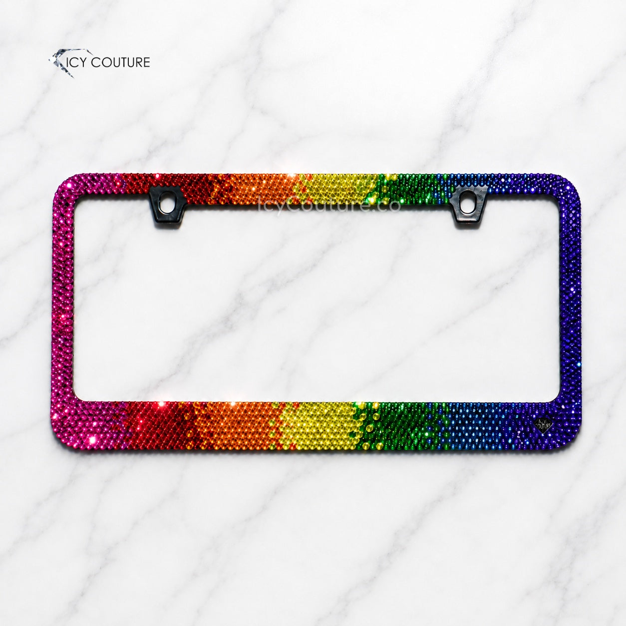 Rainbow ombre crystal license plate frame by ICY Couture with colorful rhinestone gradient design, matching Pride-inspired sparkle, and luxury custom car accessory styling.