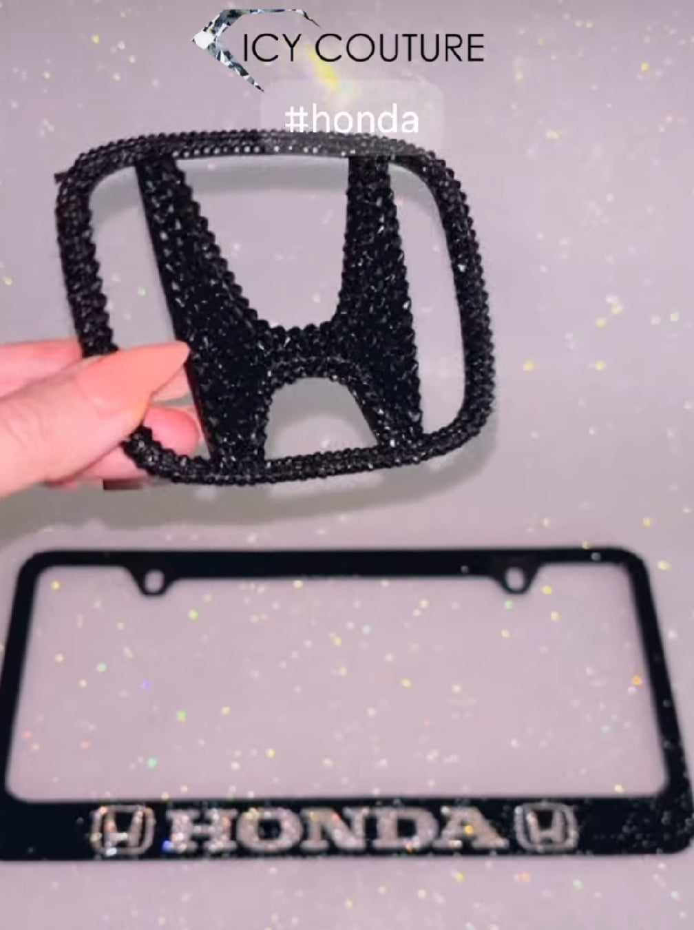 Honda Emblem with Matching Black Bling License Plate Frame For Honda Vehicles