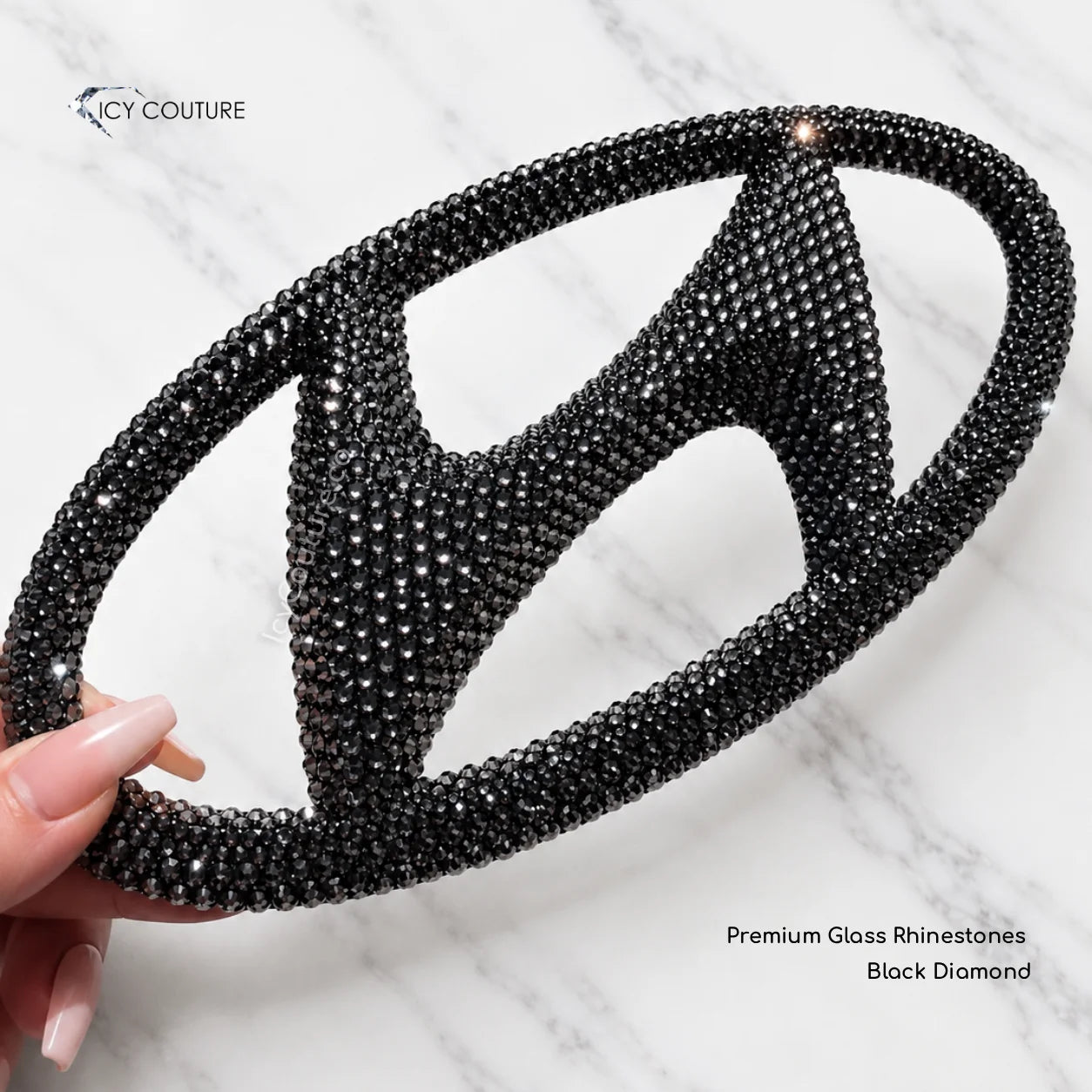 Hyundai Emblem Front Grille Replacement Part Customized with Black Diamond Rhinestones by ICY Couture for new Hyundai owner luxury customization.