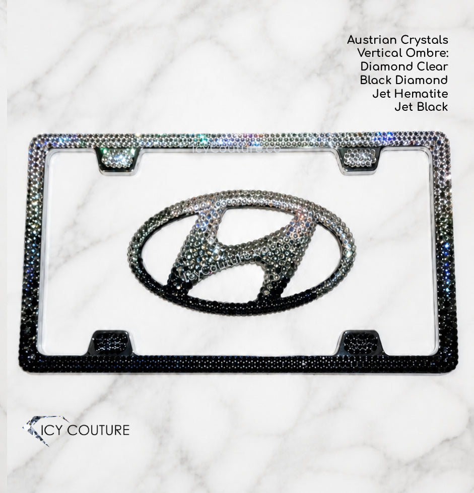 Crystal Hyundai Emblem and License Plate Frame with 4 holes, Crystallized in Clear to Black Vertical Ombre by ICY Couture with description of custom options used. 