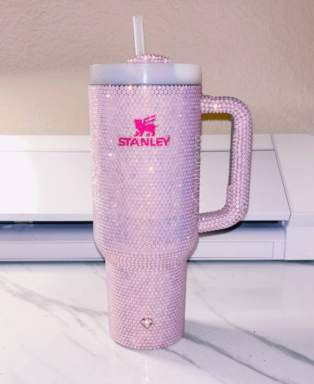 CustomSwarovski  Stanley Tumbler Coffee Cup Crystallized in Pink Opal. Add Your name, logo or pattern by ICY Couture