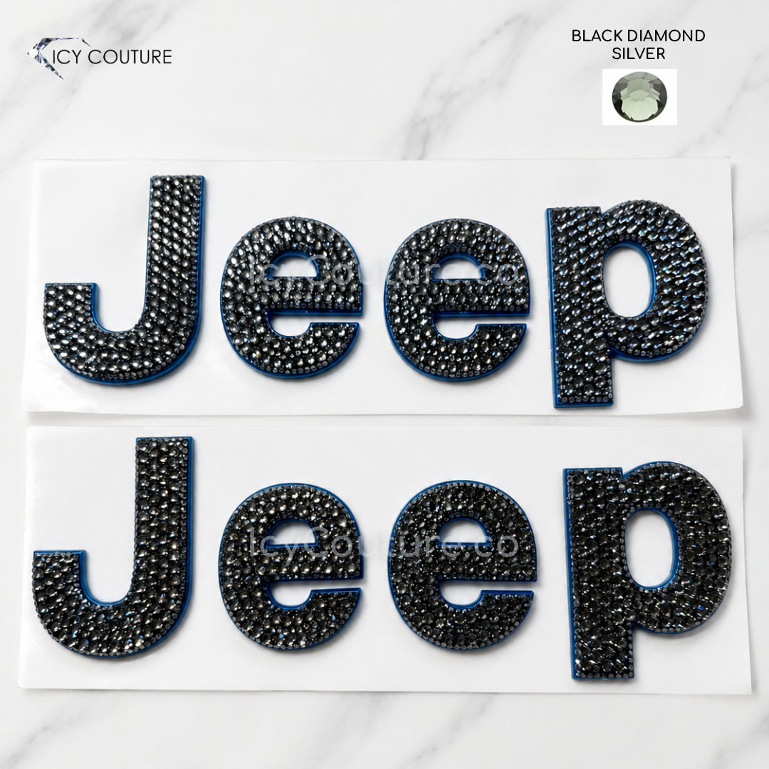 Premade Jeep-compatible crystal letter emblems by ICY Couture made with Swarovski Black Diamond crystals, approx. 7.5 inches long, sold in sets of 2 with 3M adhesive backing