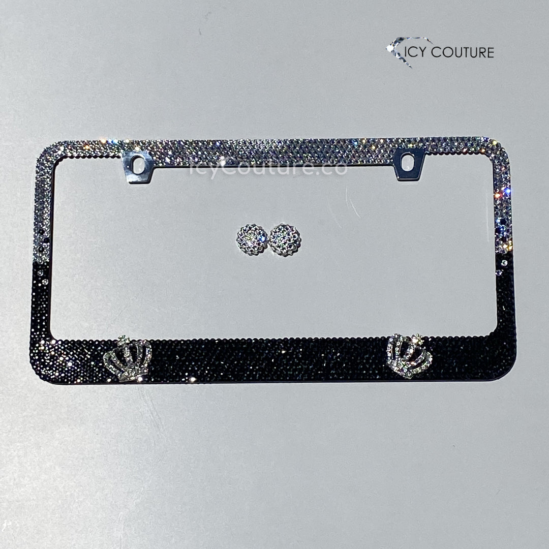 Crystal License Plate Frame with 2 Crowns and 2-Color Fade: Diamond Clear & Jet Black Crystallized with Premium Glass Rhinestones