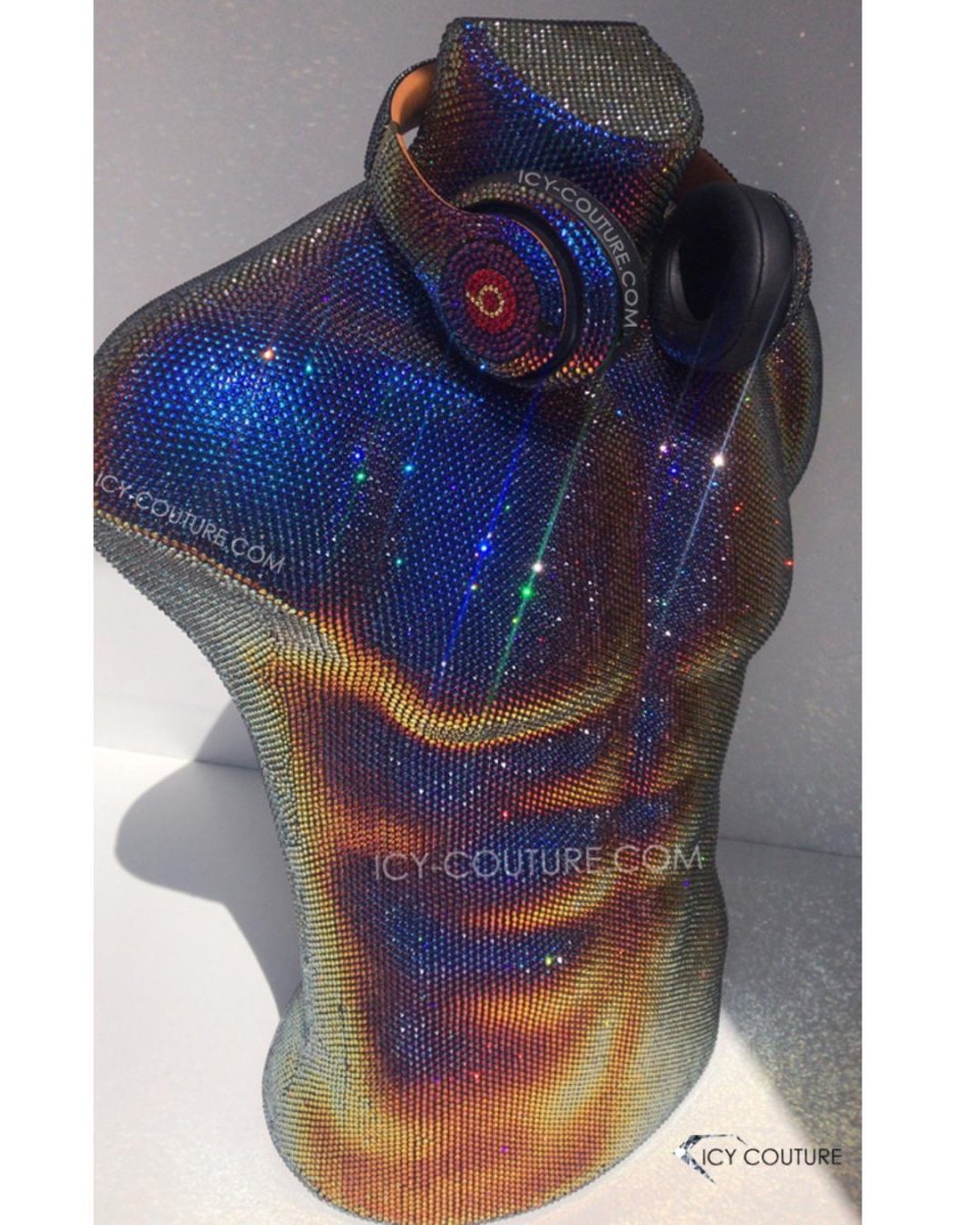 Full Size Male Torso Swarovski Crystals Bedazzled Mannequin with matching Bling Beats Headphones - custom crystallized installation and merchandise for a boutique by ICY Couture.
