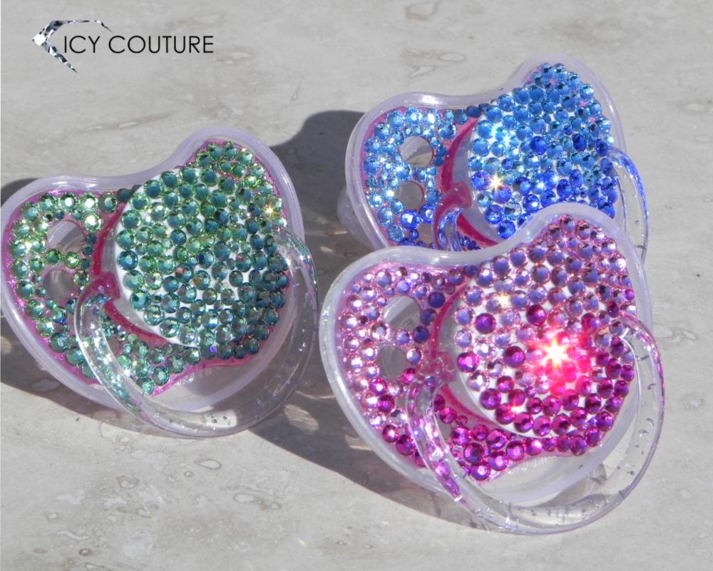 Rhinestone pacifiers -  custom crystallized merchandize for boutiques, branding, events, PR and VIP gifting - Bespoke Corporate Gifts & Installations by ICY Couture.