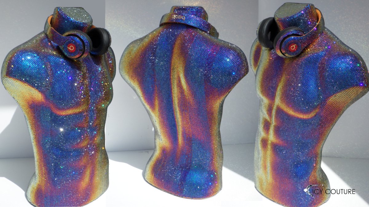 Full size crystallized male torso mannequin front and back views | ICY Couture bedazzled installations and luxury rhinestone application  