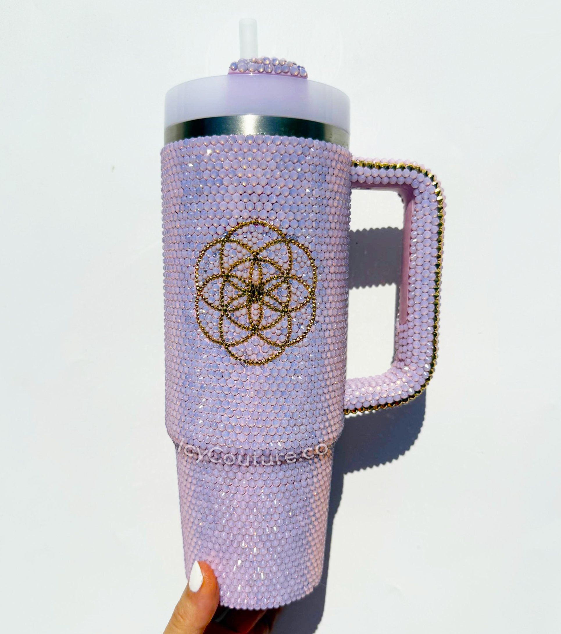 Custom Mandala Tumbler Cup Crystallized with Pink Opal Rhinestones and 24K Gold Aurum Swarovski Crystals by ICY Couture