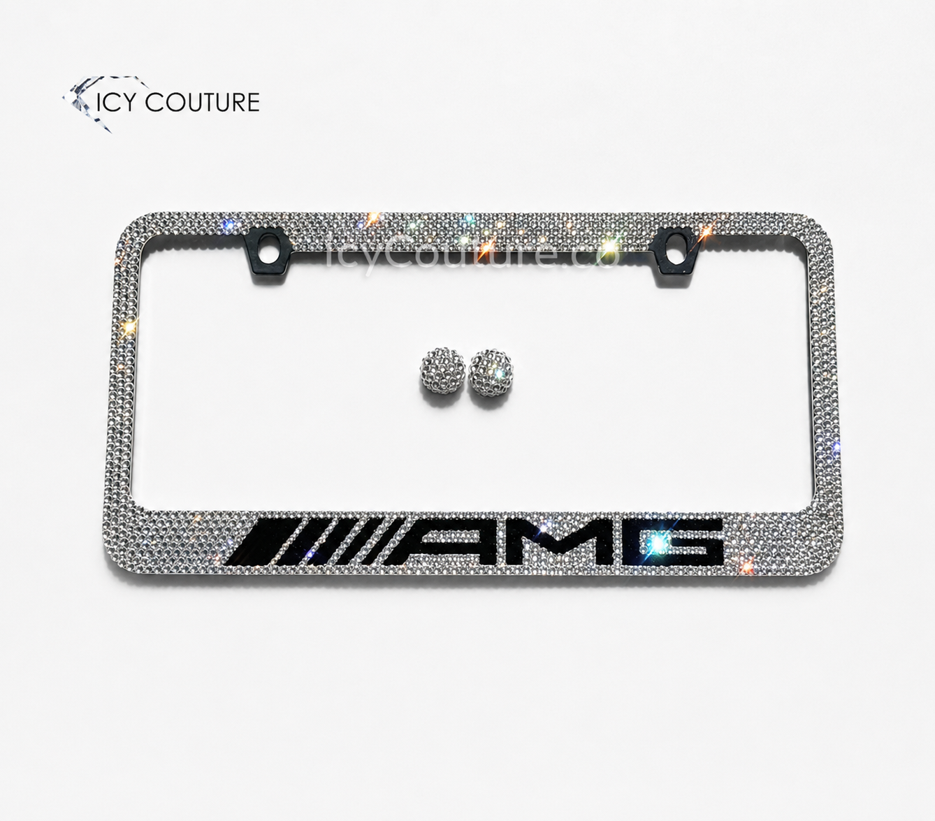 Custom Mercedes AMG crystal license plate frame with clear rhinestones and matching crystal screw caps by ICY Couture.