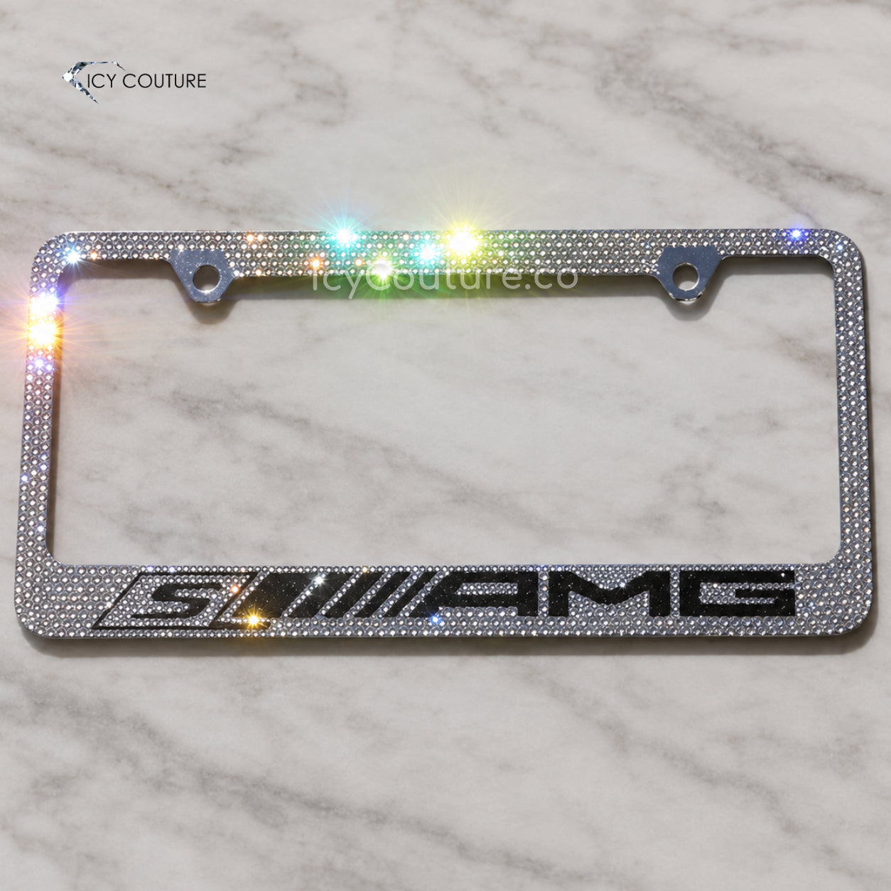 Custom Mercedes AMG Sport crystal license plate frame with clear rhinestones and bold rainbow sparkle by ICY Couture.