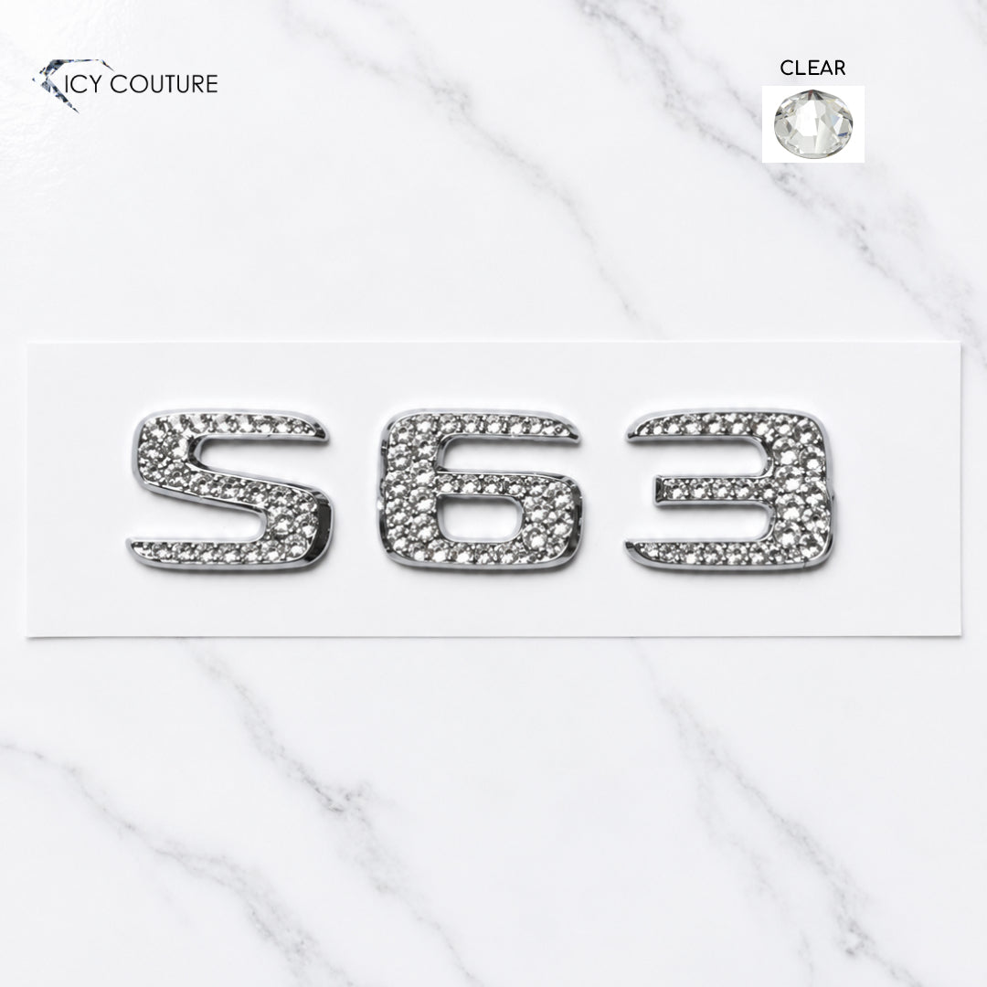 S63 crystal emblem for Mercedes-Benz vehicles hand-crystallized by ICY Couture with Clear Swarovski Crystals and self-adhesive backing