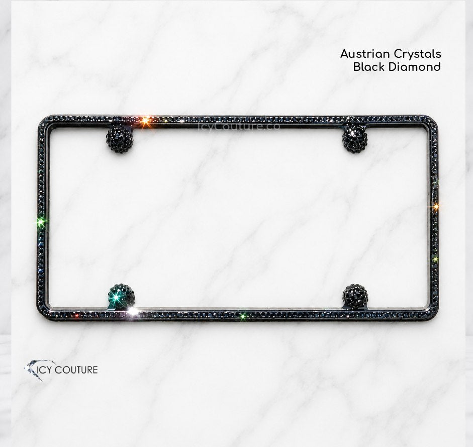 Minimalistic crystal slim license plate frame by ICY Couture with Black Diamond Swarovski Crystals detailing and matching crystal screw caps for luxury car customization.