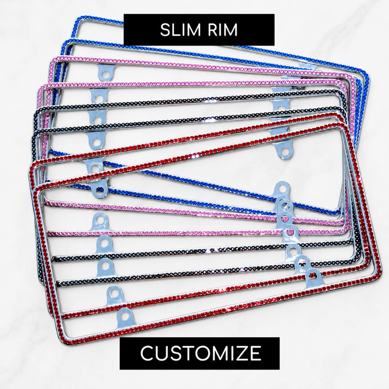 Minimalistic license plate frames crystallized by ICY Couture in blue, pink, black, and red rhinestones for luxury car customization.