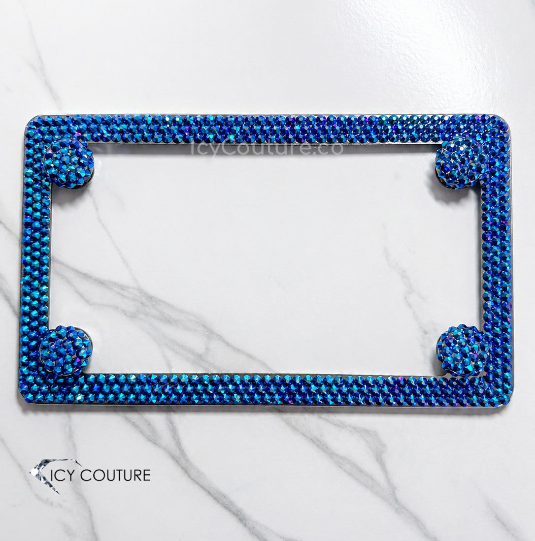 Motorcycle License Plate Frame Crystallized with Cobalt Shimmer Swarovski Crystals and Matching Screw Caps By ICY Couture