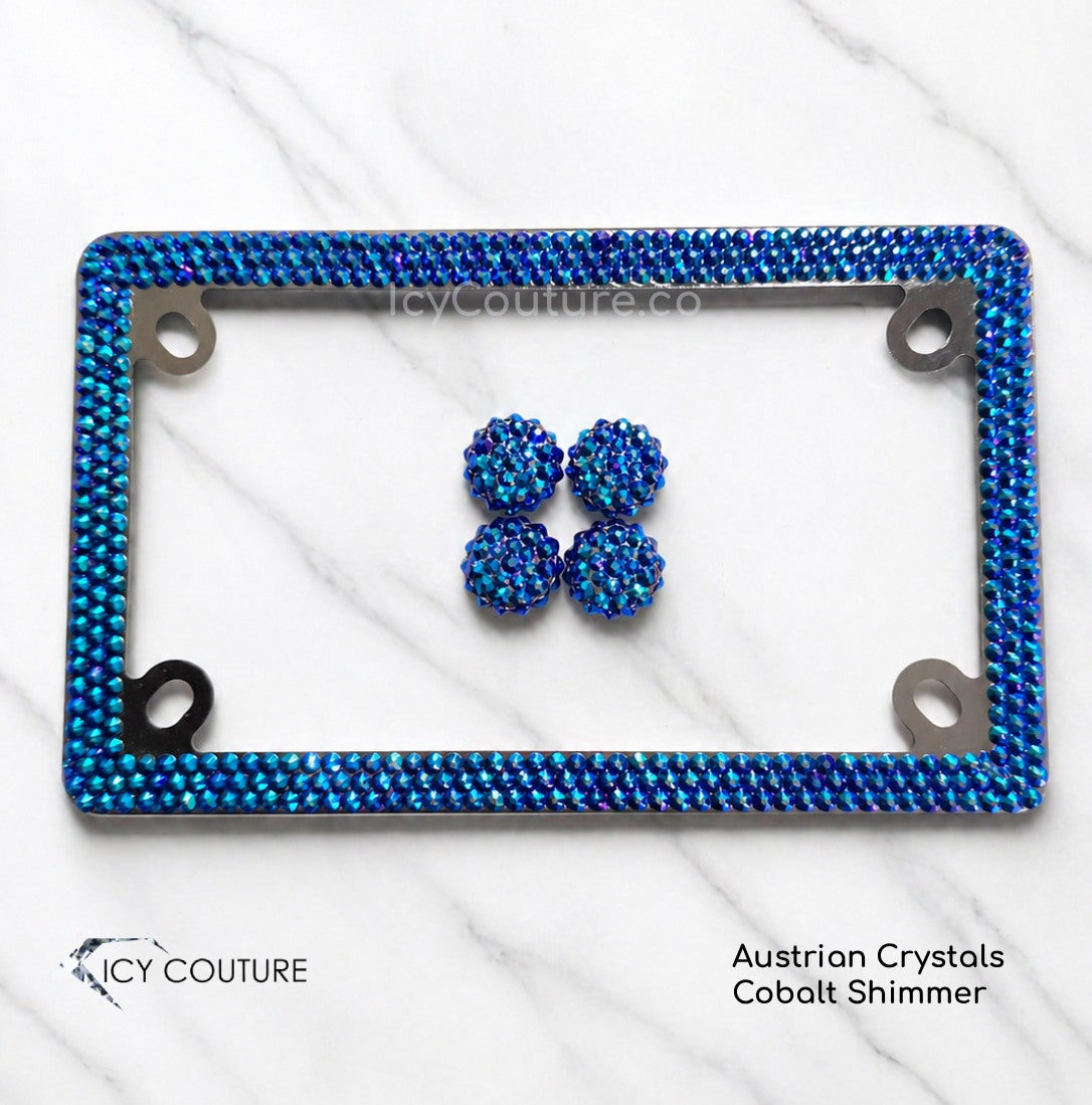 Blue Rhinestones Motorcycle License Plate Frame with Matching Crystal Screw Caps Crystallized by ICY Couture