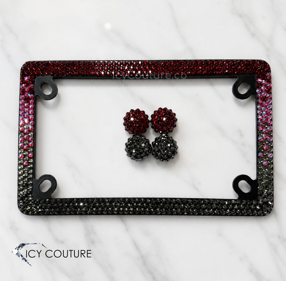 Motorcycle Rhinestone License Plate Frame In Red And Black Ombre Crystals with Matching Screw Caps By ICY Couture