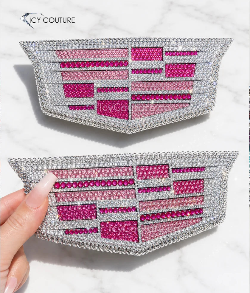 Pink & Clear Cadillac emblems front and back replacement parts crystallized by ICY Couture for luxury car makeover 