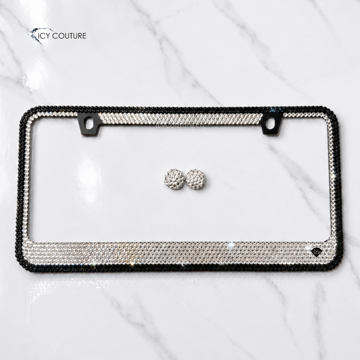 Premade black and clear Swarovski crystal license plate frame by ICY Couture with Diamond Clear and Jet Black crystals in a 2-row outline design luxury car gifts for new car owners