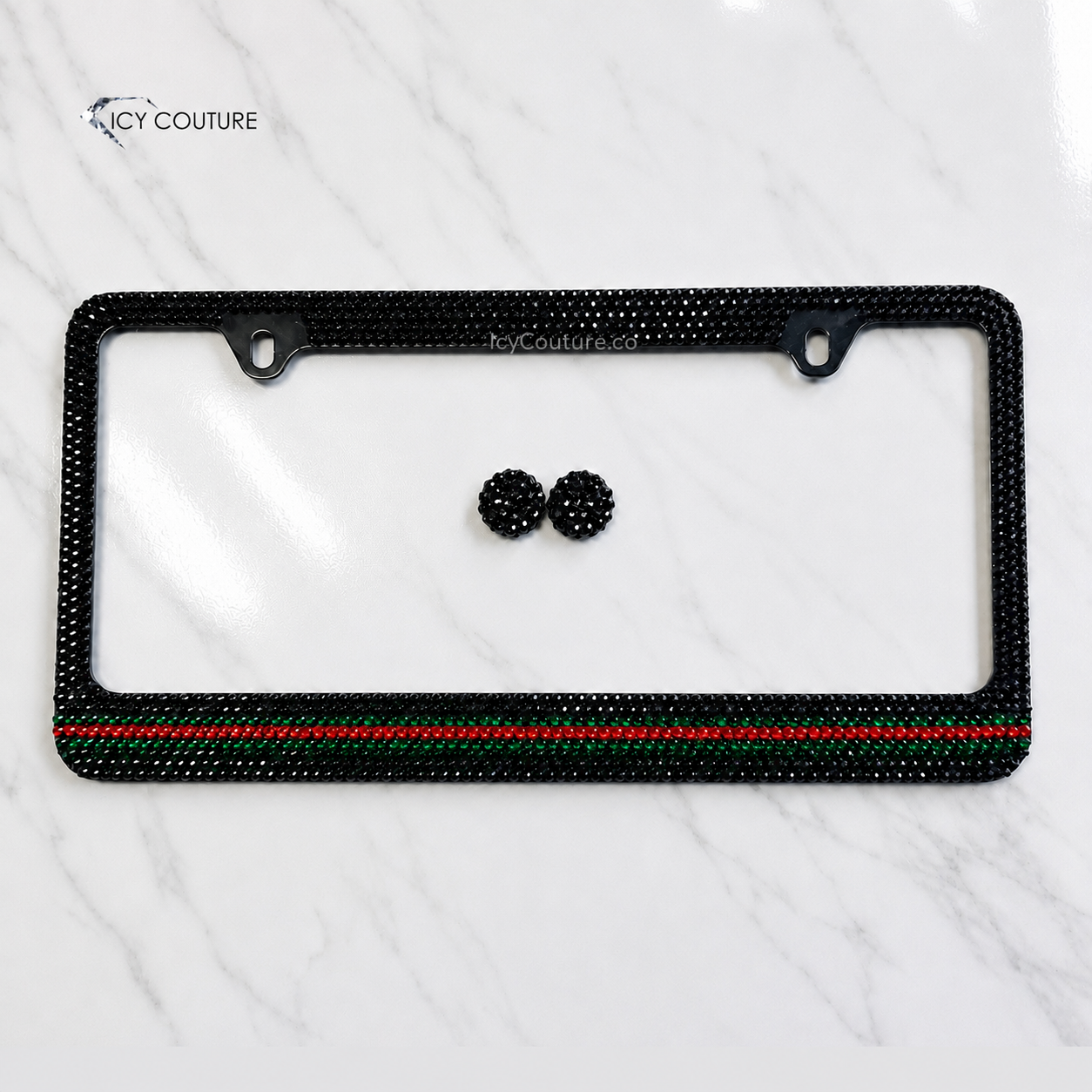Elegant Custom Rhinestone frame with red and green classic stripes designer car jewelry by ICY Couture for new car owners and luxury gifting.