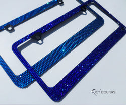 Premade "Blue on Black" Rhinestone Bling License Plate Frame| Capri, Sapphire - ICY Couture