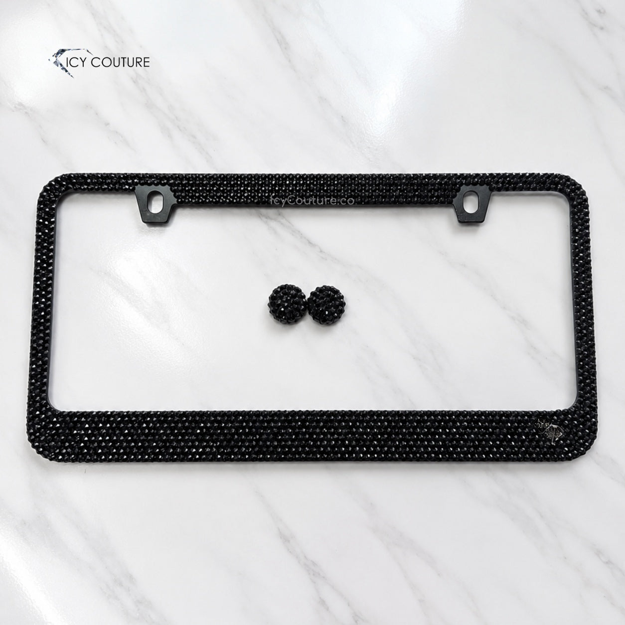 Premade Swarovski crystal license plate frame by ICY Couture in Jet Black with matching crystal screw caps for luxury black car styling.