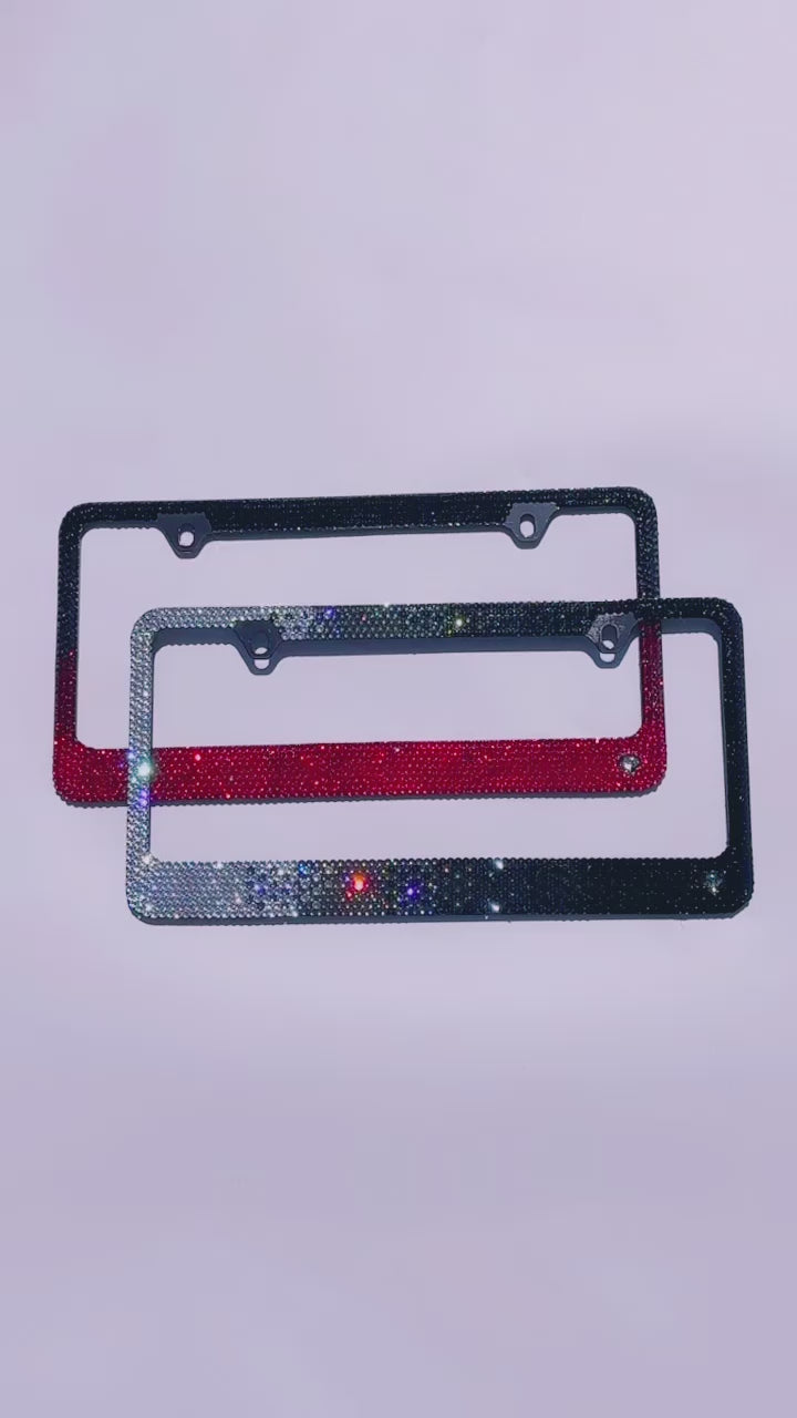 Video of sparkling red to black ombre with horizontal black diamond ombre bling license plate frames bedazzled by Icy Couture