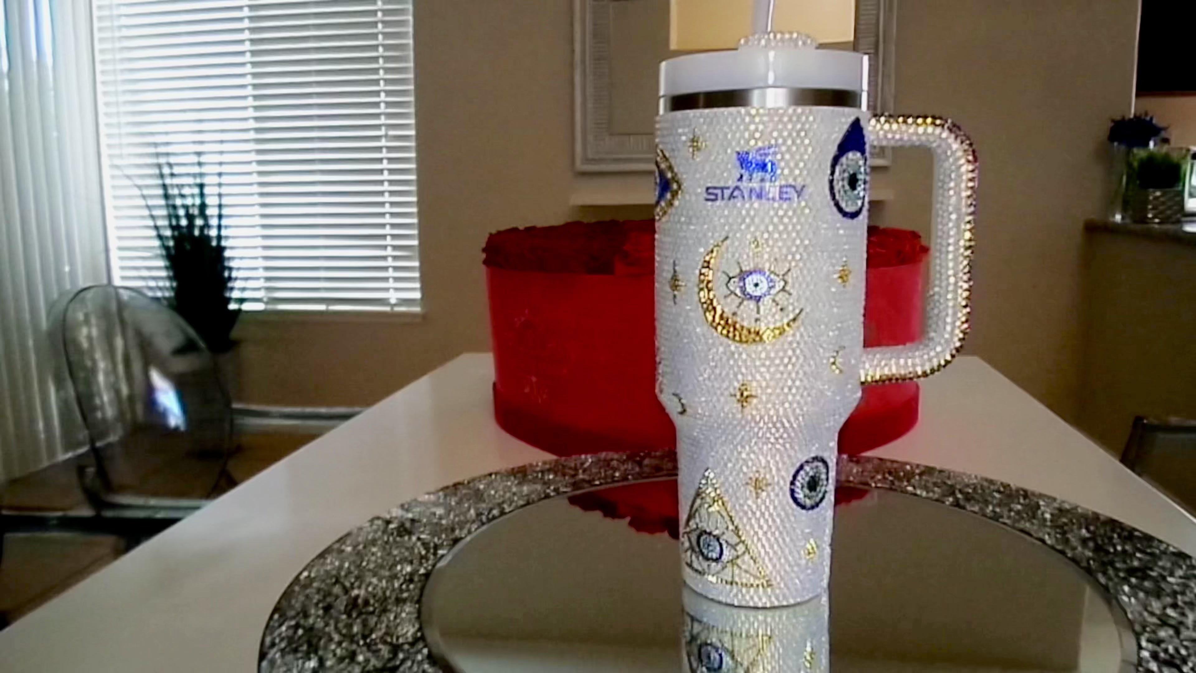 Stanley Tumbler Customized with Swarovski Crystals in Super Detailed Design -  Evil Eye Protection Crystallized by ICY Couture.